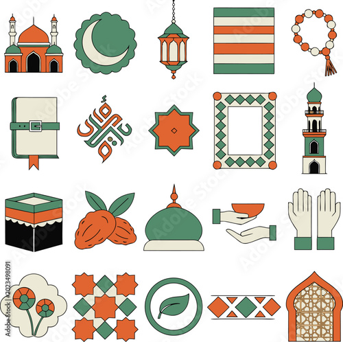 Islamic Architecture and Religious Symbols Vector Collection Featuring Mosque Minaret Crescent Moon and Ramadan Elements
