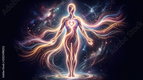 A glowing human figure with radiant flowing lines and a heart shape at its center, set against a cosmic background filled with stars and galaxies.