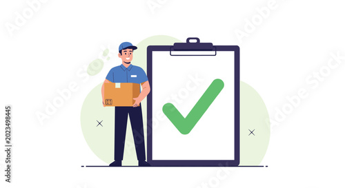 Friendly delivery courier in a blue uniform holds a package while standing next to a giant clipboard featuring a large green check mark.
