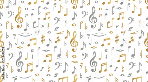 Seamless pattern of scattered gray and gold musical notes and symbols