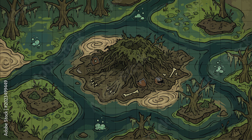 Obraz na płótnie Fantasy swamp battle map vector, hand-drawn tabletop RPG marshland environment,