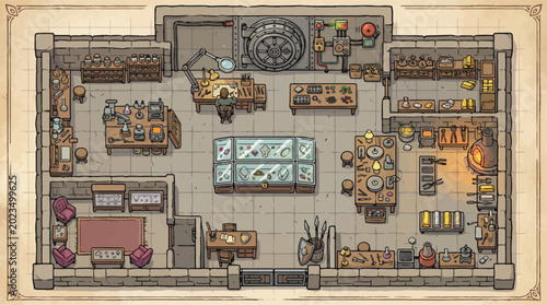 Foto Vintage fantasy blacksmith workshop floor plan, medieval jewelry store interior