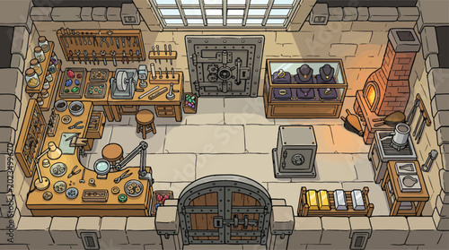 Konstfotografi Medieval blacksmith workshop interior vector, fantasy craft room with forge and