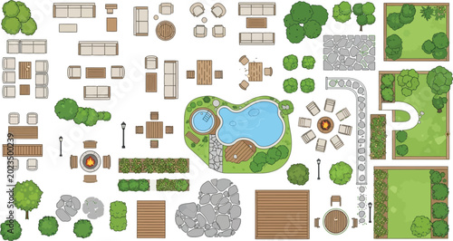 Landscape design elements and garden furniture set in top view for architectural planning and backyard site plan vector illustration