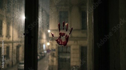 Obraz na plátně Bloody handprint on a window glass pane scary horror or crime scene background c