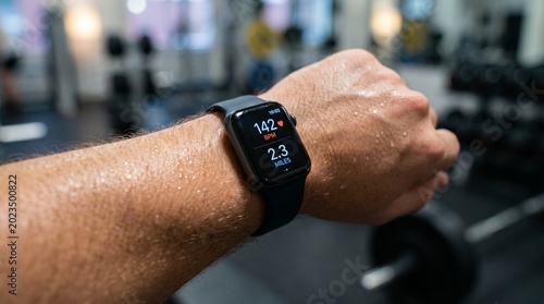 Fotografía Close up of sweating arm wearing a smartwatch displaying heart rate monitor duri