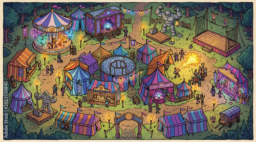 Bild auf Leinwand Fantasy medieval carnival vector illustration, magical traveling circus fairgrou