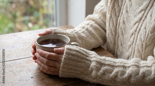 Fotografie Close up of hands holding warm mug of tea or coffee wearing cozy knitted winter