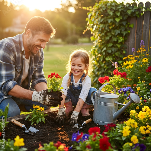 A happy father and his young daughter planting colorful flowers together in a sunny garden bed, enjoying a shared outdoor hobby.