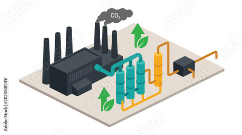 Carbon Capture Technology Illustration Showing Industrial Factory Emissions Being Processed for Environmental Sustainability