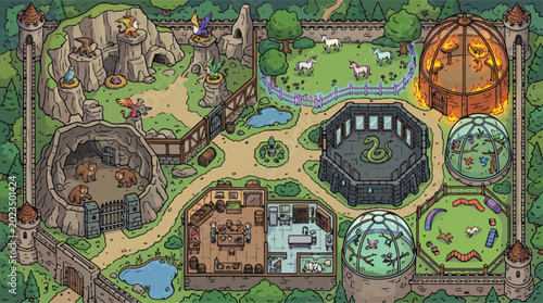 Картината върху платно Fantasy medieval zoo map vector illustration, mythical creature park with dragon