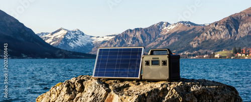 Portable solar panel and power station rest on rocky shore beside blue lake. Snow capped mountains and distant town form background. Outdoor electricity generation.
