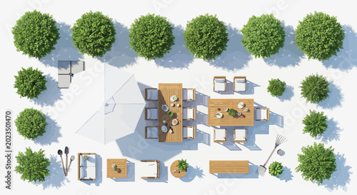 Top down view of garden furniture set with wooden tables chairs umbrella and green bushes for landscape design vector