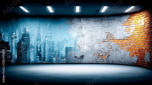 Empty modern room with city mural and exposed brick wall