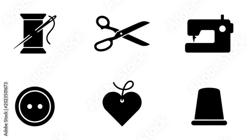 Bild auf Leinwand Sewing Icons Set: Thread Spool, Scissors, Machine, Button, Heart Tag, Thimble