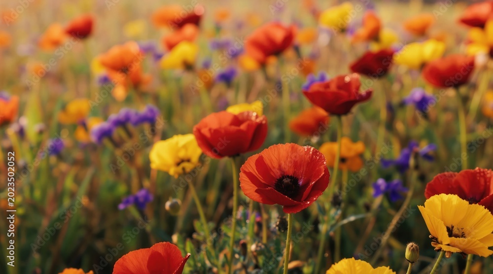 Obraz premium Field of poppies and wildflowers in bloom. Red orange yellow flowers grow on green stems. Natural meadow with purple blossoms under sunlight. Beautiful floral scene.