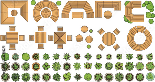 Top view landscape architecture vector kit featuring wooden outdoor furniture benches tables and various potted garden plants for patio design planning
