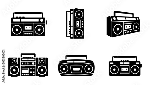 Retro Boombox Vector Icons, Vintage Portable Music Player Collection, 80s Audio Device Set