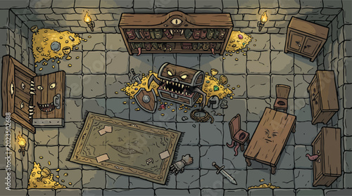 Cuadro en lienzo Fantasy dungeon mimic room vector illustration, monster chest and haunted furnit
