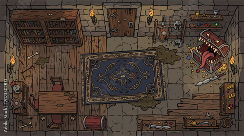 Bild auf Leinwand Medieval dungeon interior vector illustration, fantasy RPG room with mimic treas