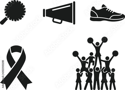 Obraz na plátně Black cheerleading icons set with megaphone and ribbon