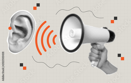Modern Halftone collage Review Concept with Thumbs Up and Down Hands and torn paper.ai