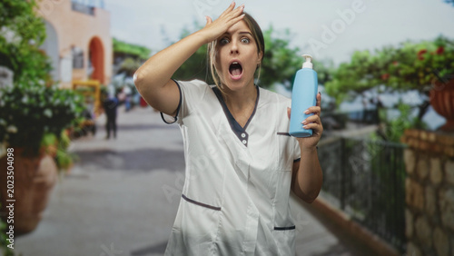 Bild auf Leinwand Woman beautician in white tunic holding blue lotion bottle and gesturing with hand while speaking in studio; product demo calm