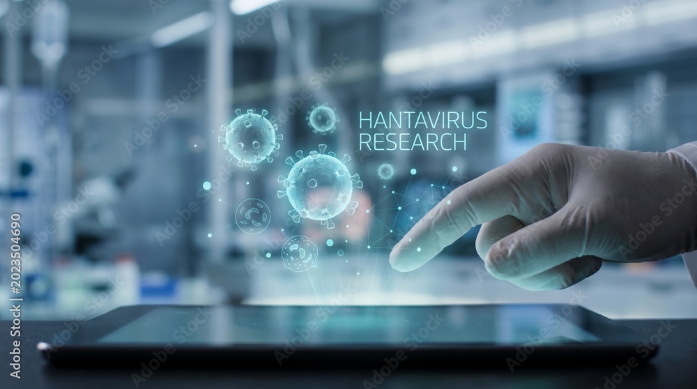 Fototapeta premium Hantavirus Research Digital Hologram of Viruses displayed on a Tablet in a Laboratory Setting