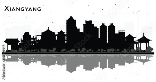 Photography Xiangyang China City Skyline Silhouette with Black Buildings Isolated on White