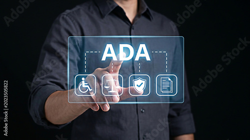 Professional person interacting with digital touch screen displaying icons related to american disability act compliance