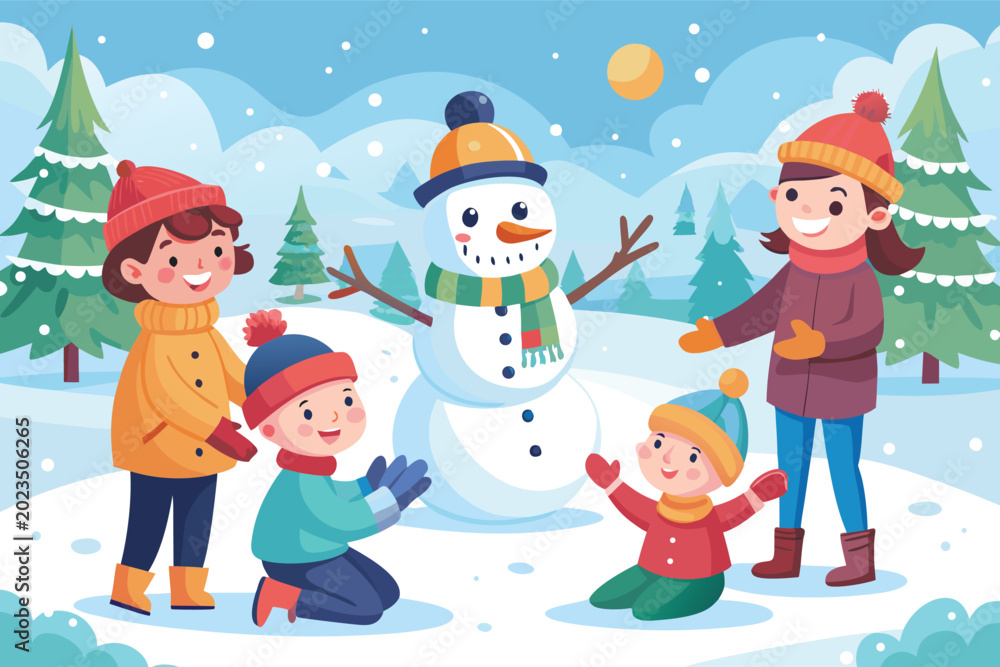 Fototapeta premium Adorable children building snowman winter fun illustration