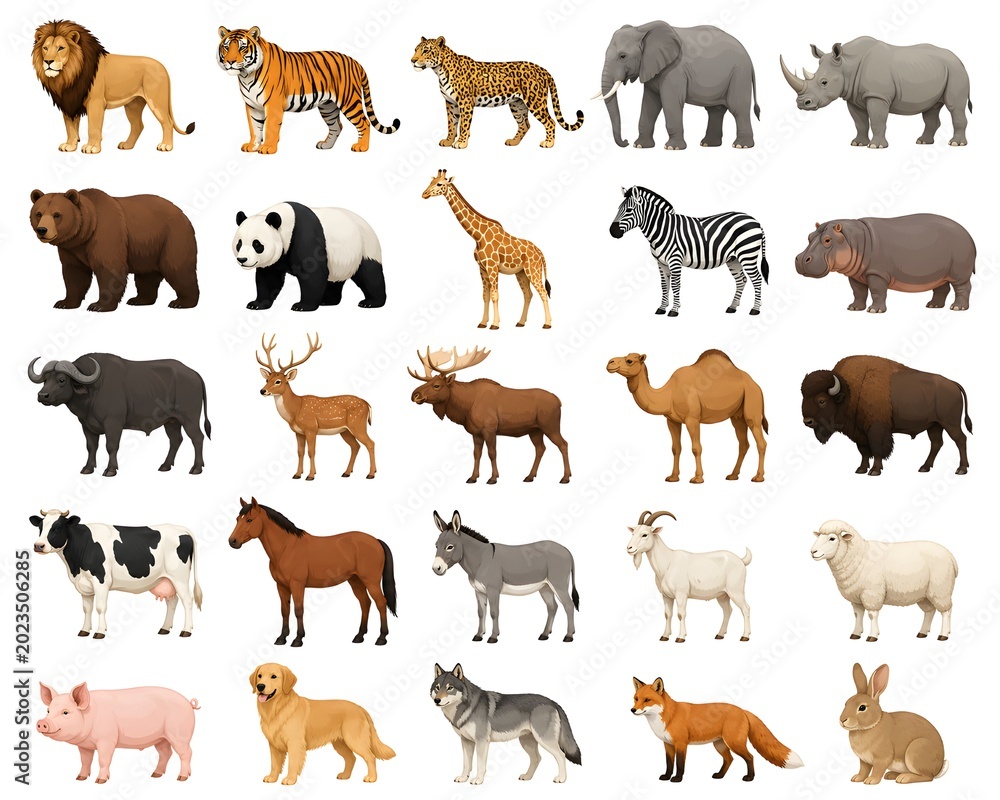 Obraz premium Large collection of various wild and farm animals in colorful vector illustration style isolated on white background.