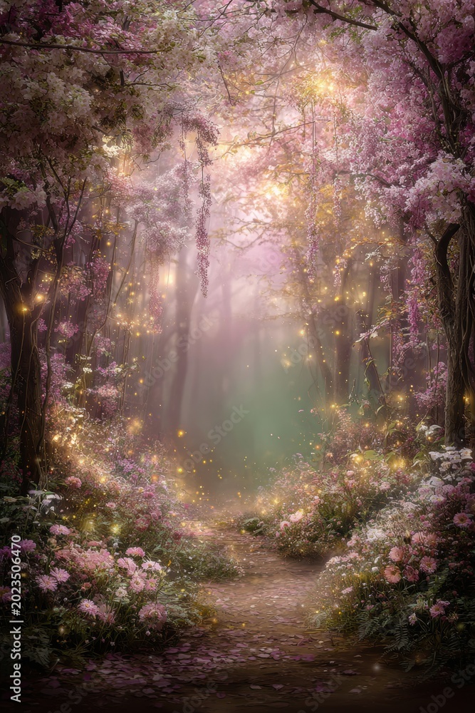 Fototapeta premium Fantasy wallpaper. A vivid portrayal of a mystical forest scene. The main subject is a dense canopy of cherry blossom trees, their branches laden with delicate pink and white blossoms.