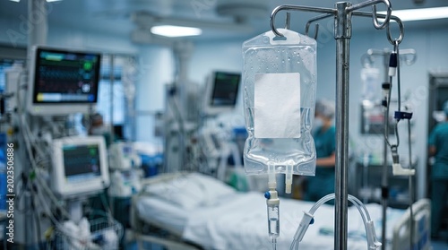 Hospital ICU room with intravenous drip in focus, surrounded by monitors and medical equipment, highlighting critical patient care.