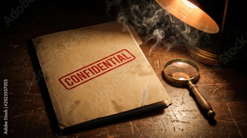 A vintage confidential file lies on a wooden desk with a magnifying glass and a smoking cigarette under warm lamp light.
