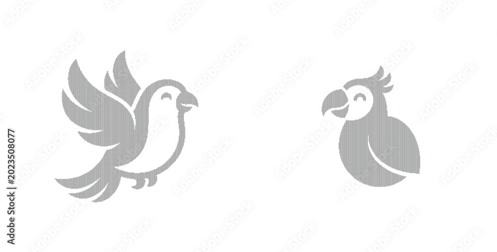 Fototapeta premium Minimalist parrot bird logo set, grey tropical parrot icons, simple flying bird vector illustrations, modern avian branding elements