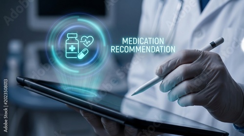 Doctor using tablet for medication recommendation with futuristic holographic interface