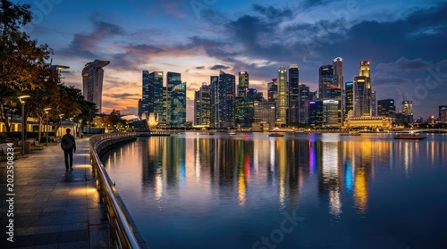 City skyline reflected in calm water at dusk