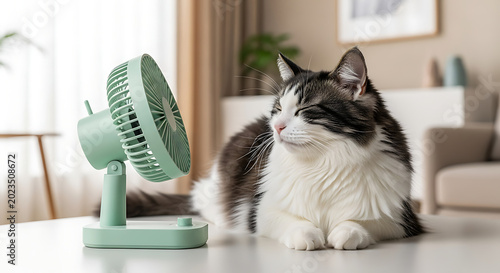 Cat Enjoys Cooling Breeze from a Small Desk Fan Indoors