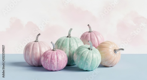 Soft pastel colored pumpkins arranged in a cozy autumn still life display