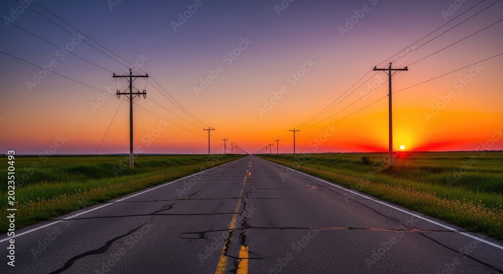 Fototapeta premium Long straight road through rural fields at sunset