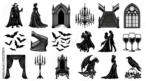 Gothic Vampire Fantasy Black and White Vector Line Art Icon Set
