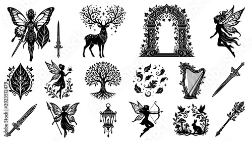 Mystical Fantasy Nature Glyphs: Fairies, Stag, Tree, Arch, Harp, Swords, Lantern - Ornamental BW Illustrations