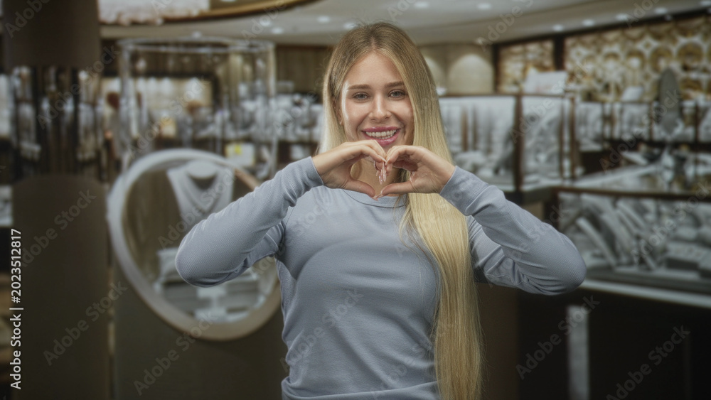 Fototapeta premium Young blonde woman making a finger heart with hands extended toward camera over glass jewelry display in a building; playful affection.