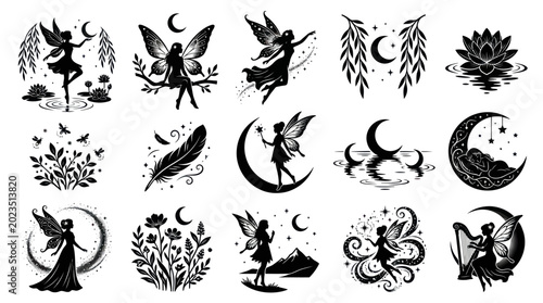 Black  White Fairy and Moon Vector Illustrations Set