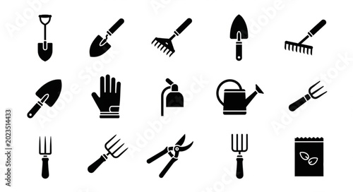 Konstfotografi Collection of Black Garden Tools and Equipment Icons.