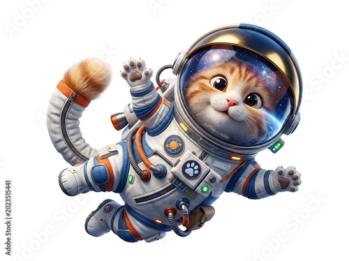 Astronaut cat in spacesuit floating in zero gravity with helmet and controls