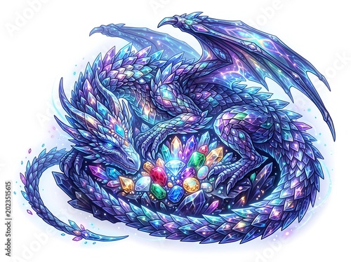 A blue dragon curled around a pile of colorful gems and jewels on white