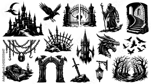 Dark Fantasy  Gothic Halloween Elements Vector Set, Vintage Engraving Style Black and White Illustrations