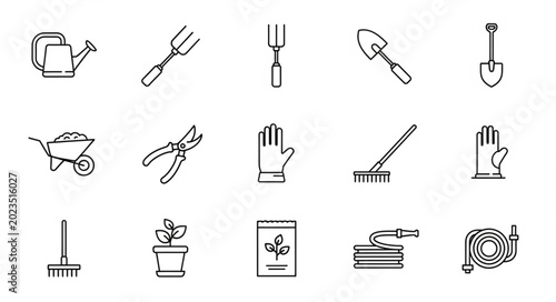 Fényképezés Collection of Garden Tools and Supplies Icons.